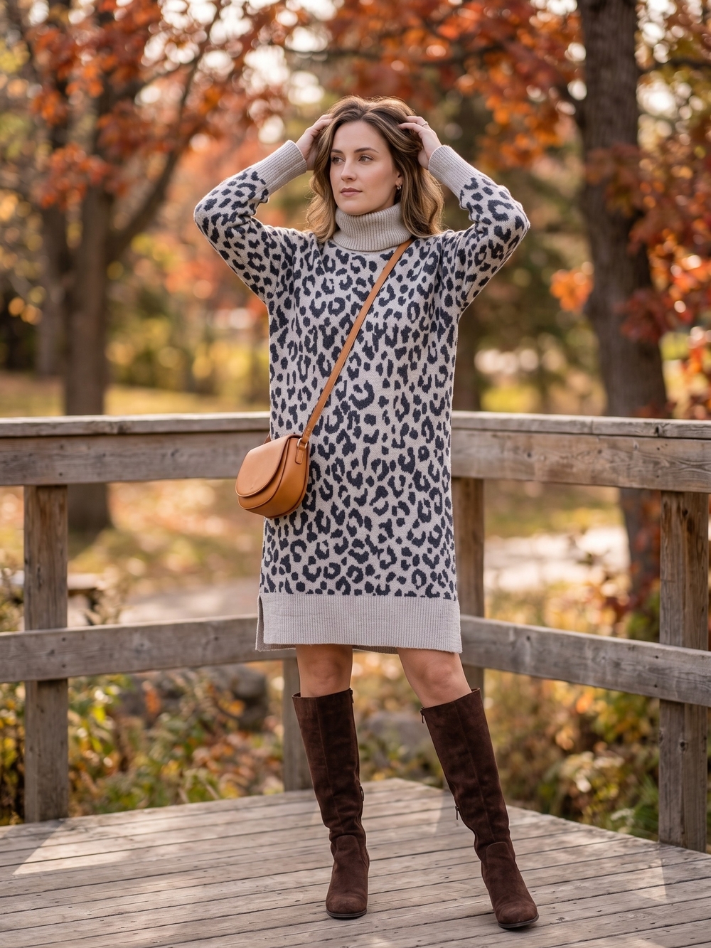 Yes Lola Leopard Print Turtleneck Sweater Dress Mob Wife Cozy Glam Oversized